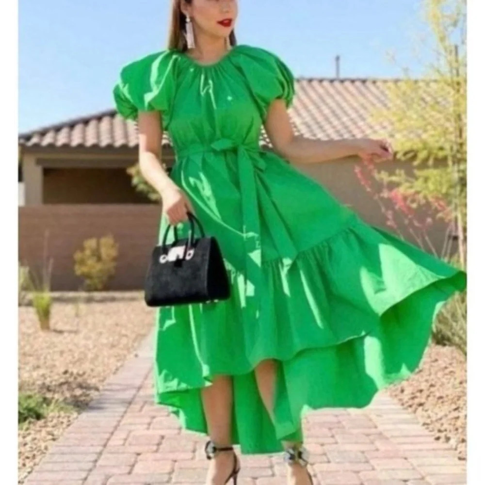 NWT Christopher John Rogers Puff Sleeve High Low Green Women's Dress